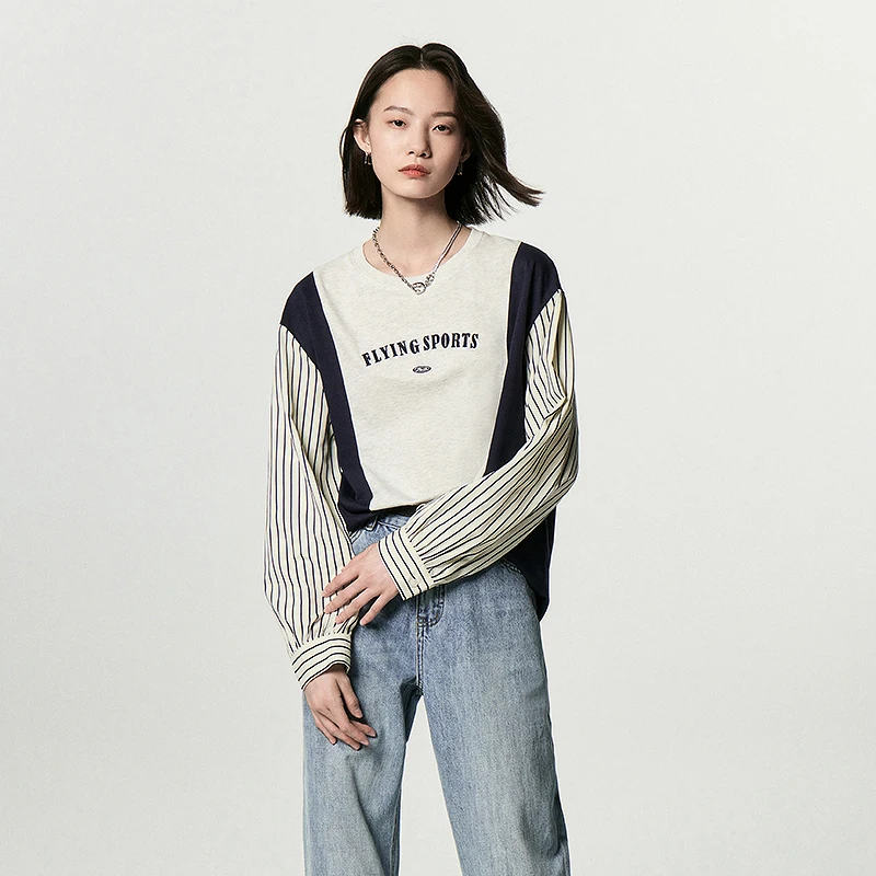 Toyouth Women Fake Two Piece Sweatshirt 2023 Autumn Contrast Striped Long Sleeves O Neck Loose Letter Embroidery Casual Tops