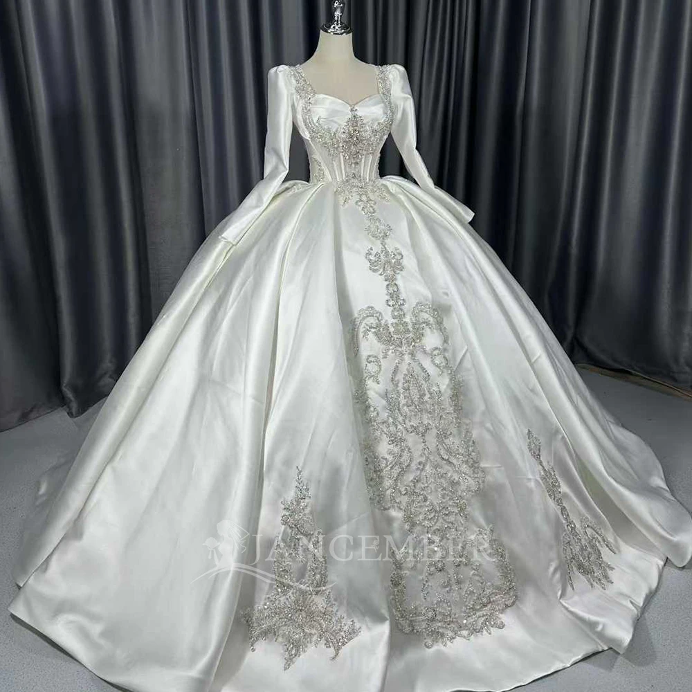 

Romantic Satin Long Sleeve Ball Gown Wedding Dress Customized Beaded Lace Sweep Train Princess Bridal Gown vestidos de novia bod