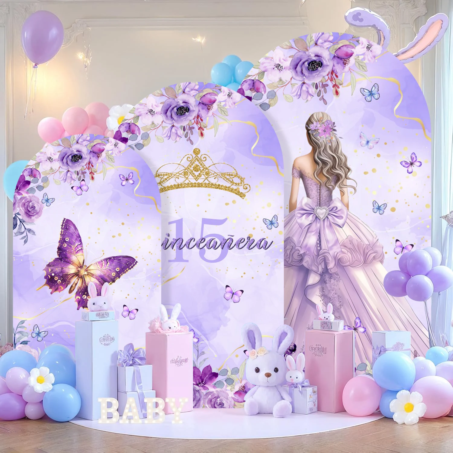 

Purple Flowers Butterfly Arch Cover Backdrop Glitter Crown Queen Princess Sweet Girls 15th Birthday Party Decor Photo Background