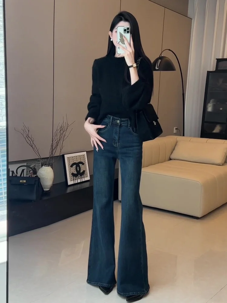 حجم كبير Fce اصطف ثي واسعة الساق الجينز المرأة الخريف الشتاء عالية الخصر التخسيس نحيل الجينز متوهج طماق