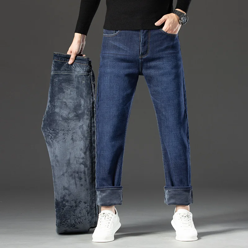 

Mens Winter Thicken Fleece Denim Pants Mens Classic Business Casual Loose Straight Jeans High Quality Cotton Warm Elastic Jeans