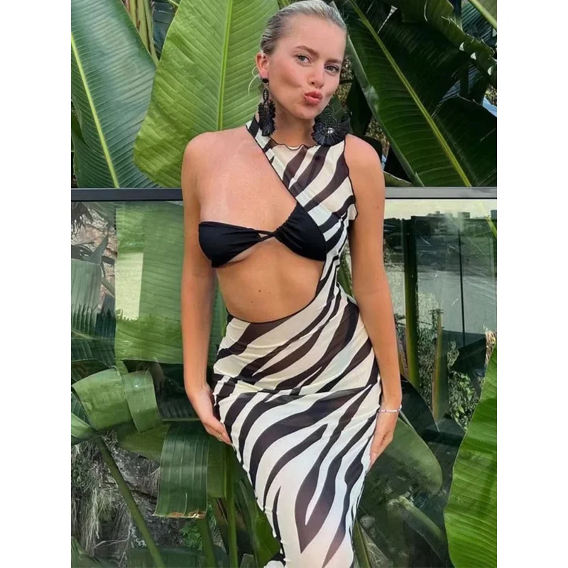 Langes Strandkleid mit Zebramuster für Damen – Sexy transparentes Mesh-Maxi-Überzug, figurbetontes Sommerurlaubskleid mit gestreiftem Ausschnitt