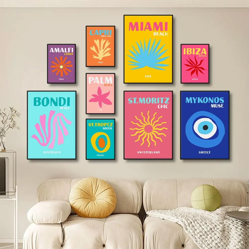 Affiche d'art mural moderne de voyage scénique Mykonos Palm Miami, imprimés Boho, Style maximaliste, peinture sur toile, image pour chambre, maison