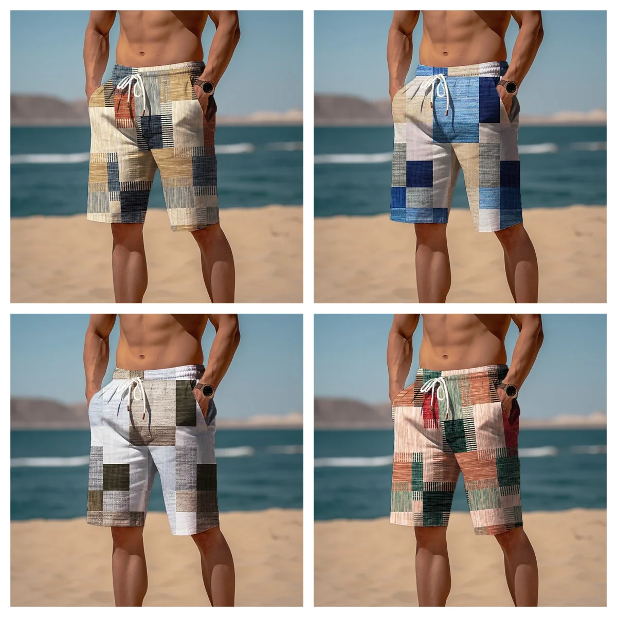

Мужские спортивные шорты, пляжные шорты, эластичная талия на шнурке, 3D-принт, клетчатые полоски, дышащие и мягкие шорты.
