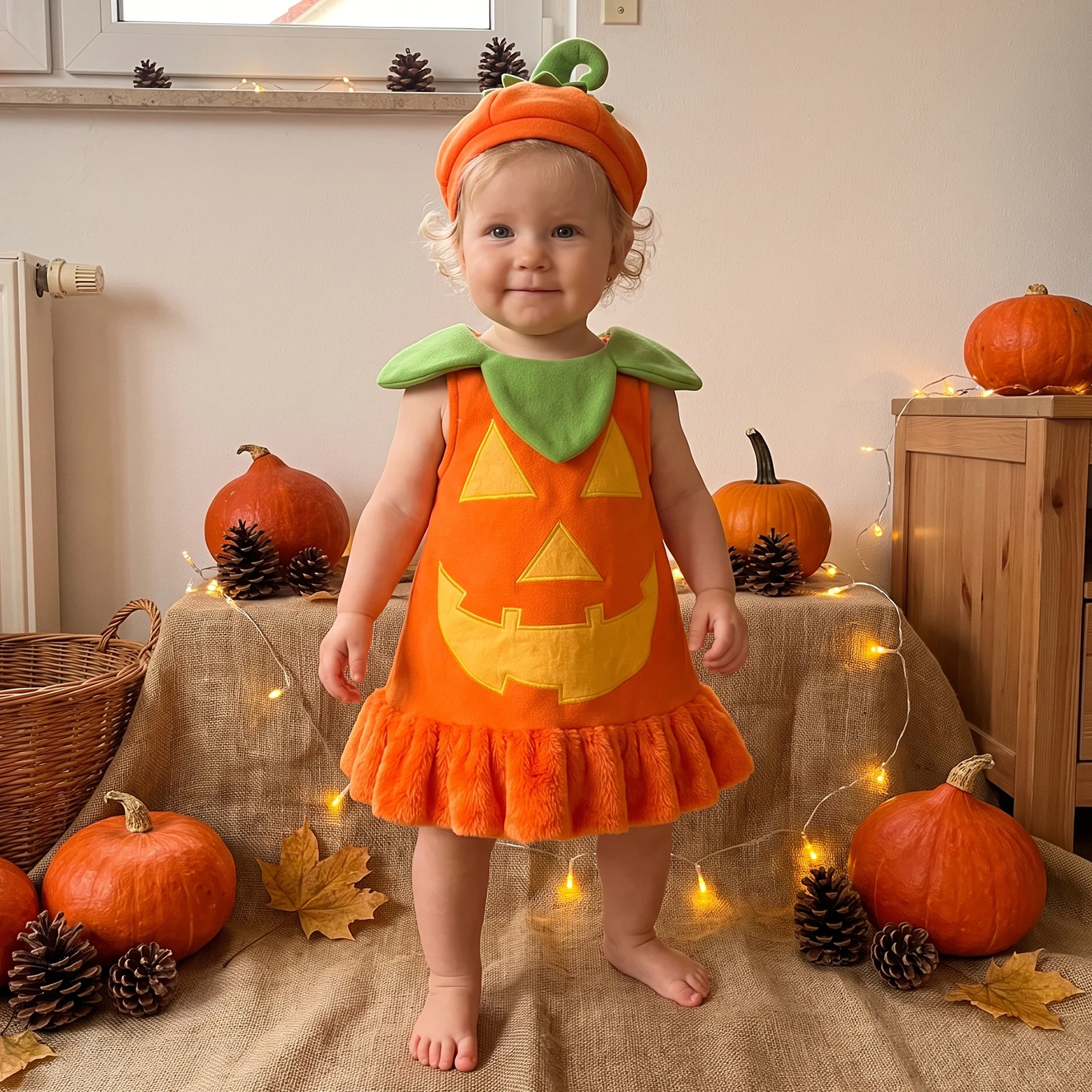 Kid Girls Halloween Costume Sleeveless Pumpkin/Ghost Cosplay Velvet Dress with Hat