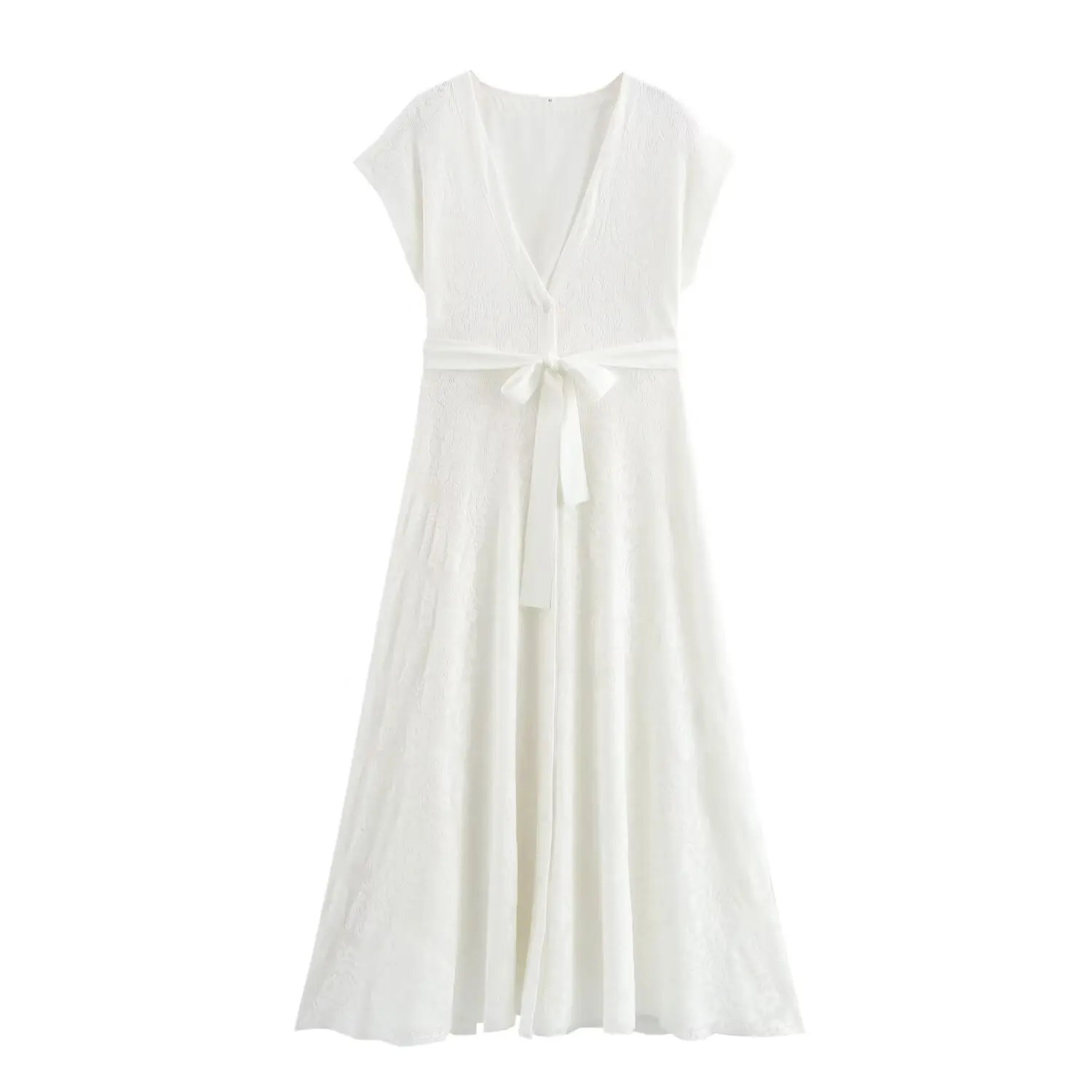 

2025 New White Women's Dress Jacquard Design Lace-up V-neck Short Sleeve Summer Dress