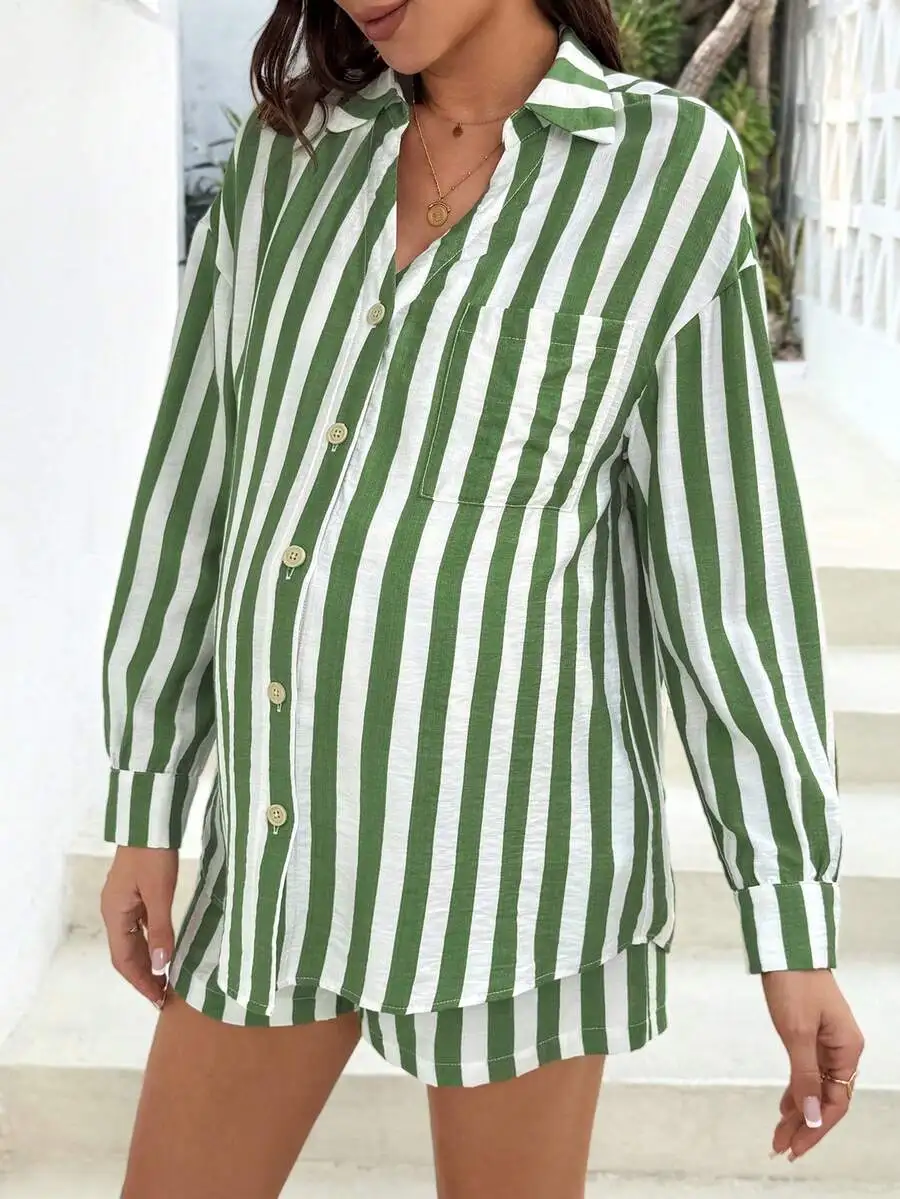 

Maternity Green And White Striped Button-Up Shirt And Shorts Set