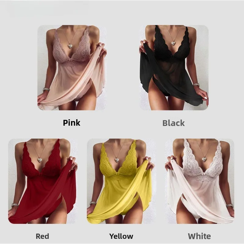 Sexy Lace Lingerie Nightwear Set for Women Sheer Mesh Babydoll Chemise with Spaghetti Straps Erotic Sleepwear Six Styles