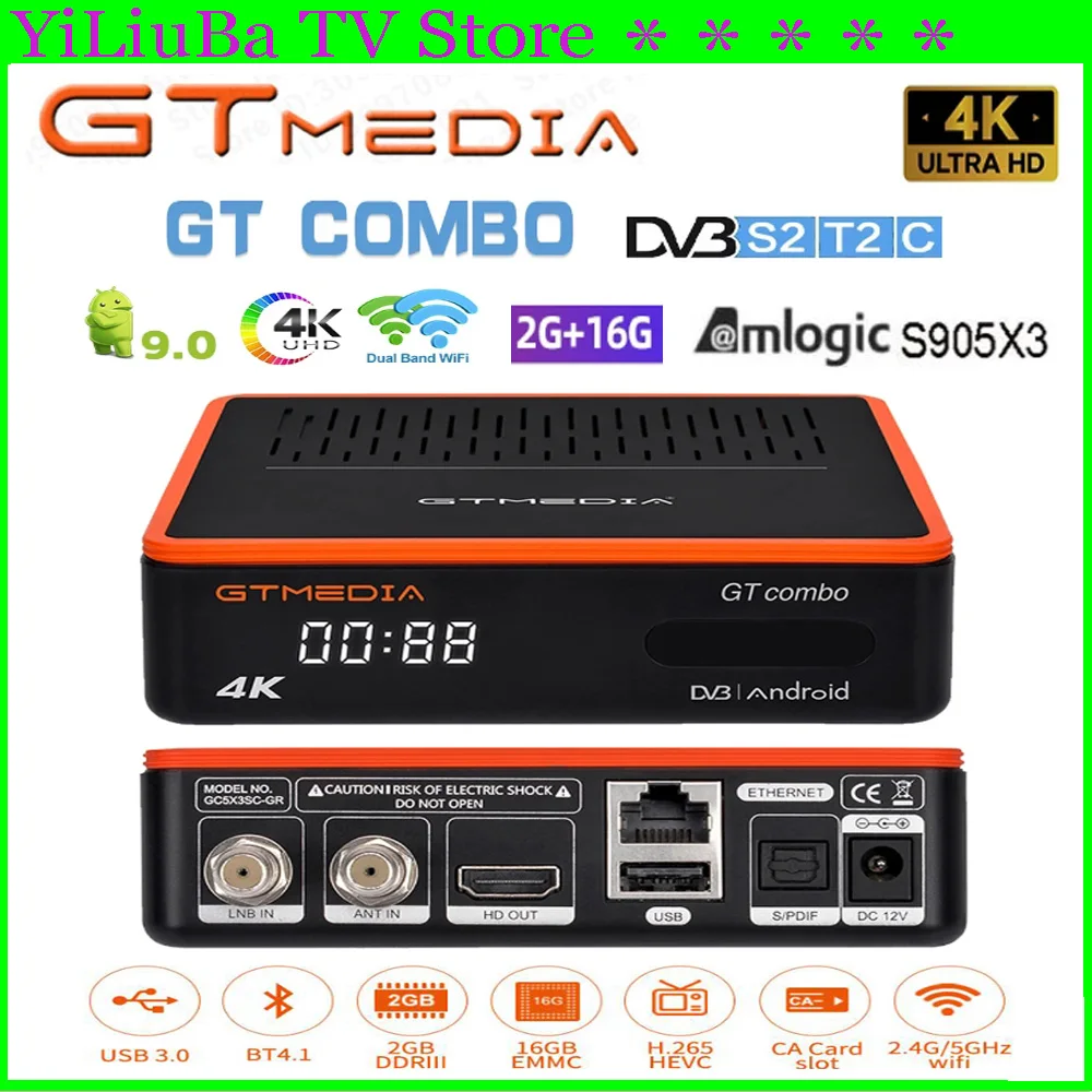 

[Genuine]GTMEDIA GT COMBO 4K UHD Satellite TV Receiver DVB-S2/T2/C+Android9.0 system 2G+16GB TV BOX BT 4.1 Bulti in WIFI 2.4G/5G