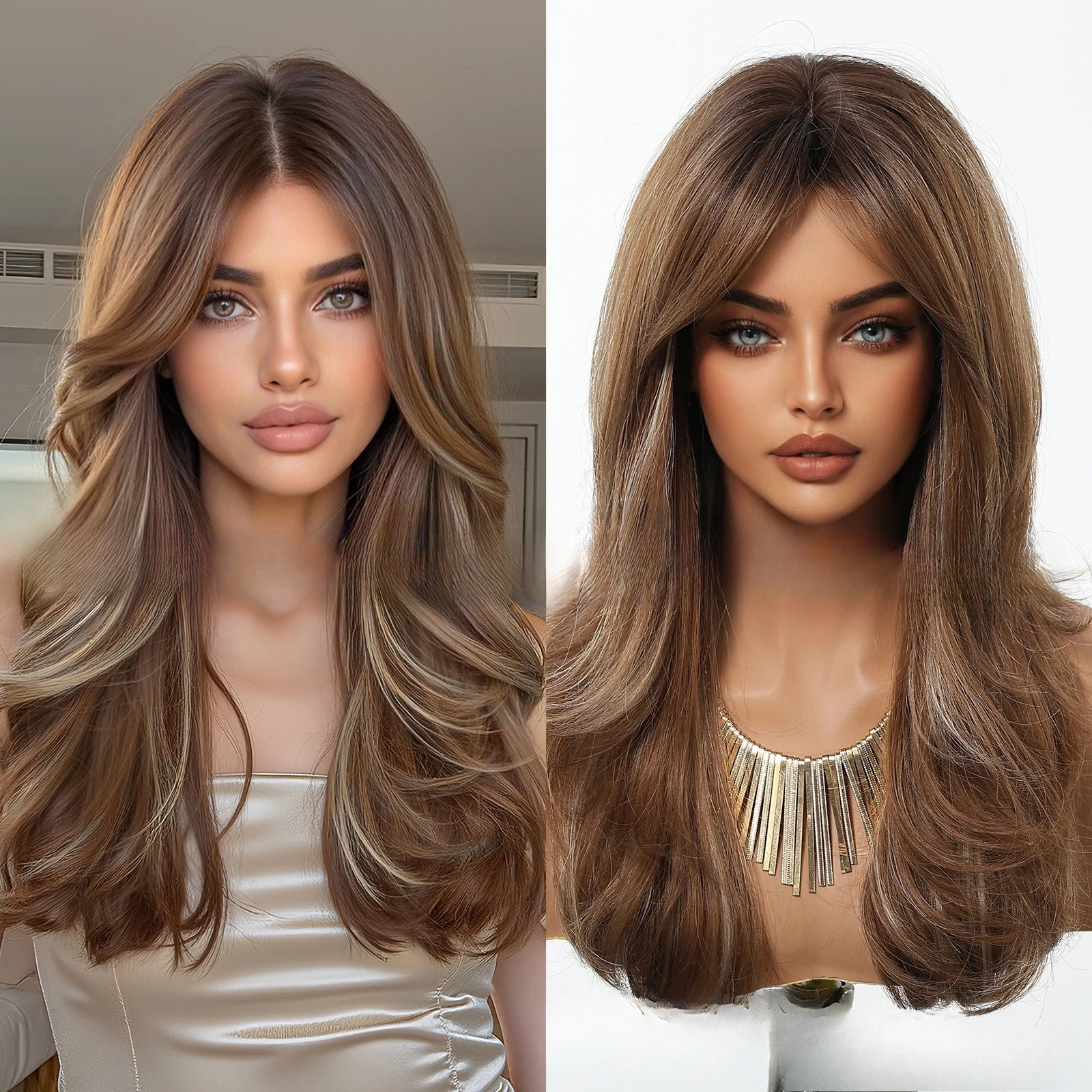 

European and American wigs, brown highlights, eight-character bangs, long curly hair, full head cover, chemical fiber women's ha