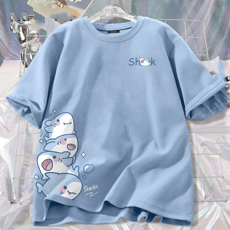 Kids Summer Cotton T-Shirt Tops Q Cute Shark Print Boys Girls Street Hip Hop T-Shirt Soft Home Tee Kids Short Sleeve Tops