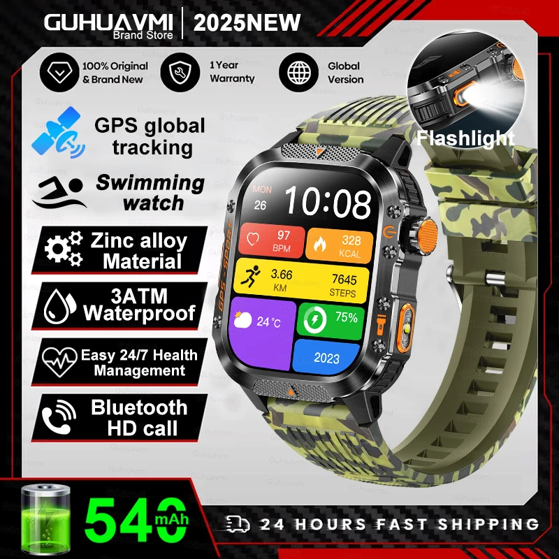 2026 Nieuwe Militaire Smartwatches Mannen 10ATM Waterdicht Zwemmen GPS Bluetooth Oproep 2.01 "AMOLED HD Sport Zaklamp Smart Horloge Mannen