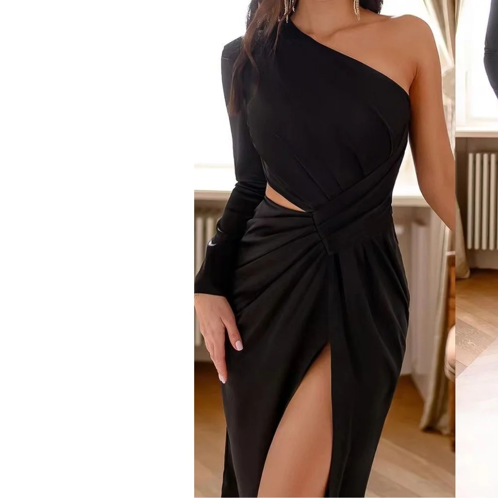 

Muloong One-shoulder Tea-Length Asymmetrical Ruffle Women Elegant And Pretty Luxury Prom Dress