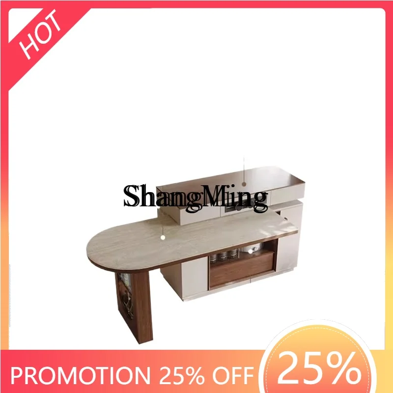 

CL wood island dining table integrated rotating and retractable household small apartment rock slab storage side cabinet