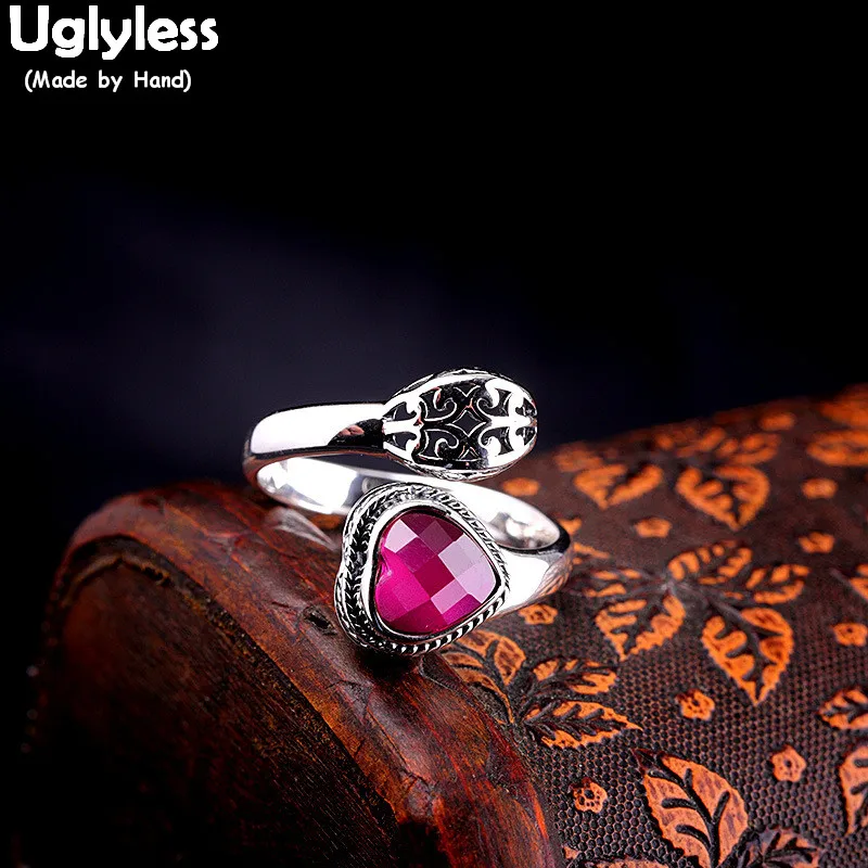 

Uglyless Ethnic Thai Silver Blooming Lotus Open Rings for Women HOT PINK Corundum Rings Solid 925 Silver Vintage Gemstones Jewel