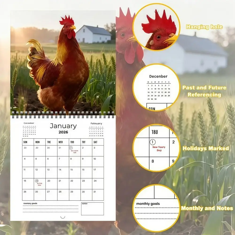 

Thickened 2026 Rooster Calendar Double-Sided Pages Spiral Binding Big Roosters Wall Calendar Cartoon Creative Patterns