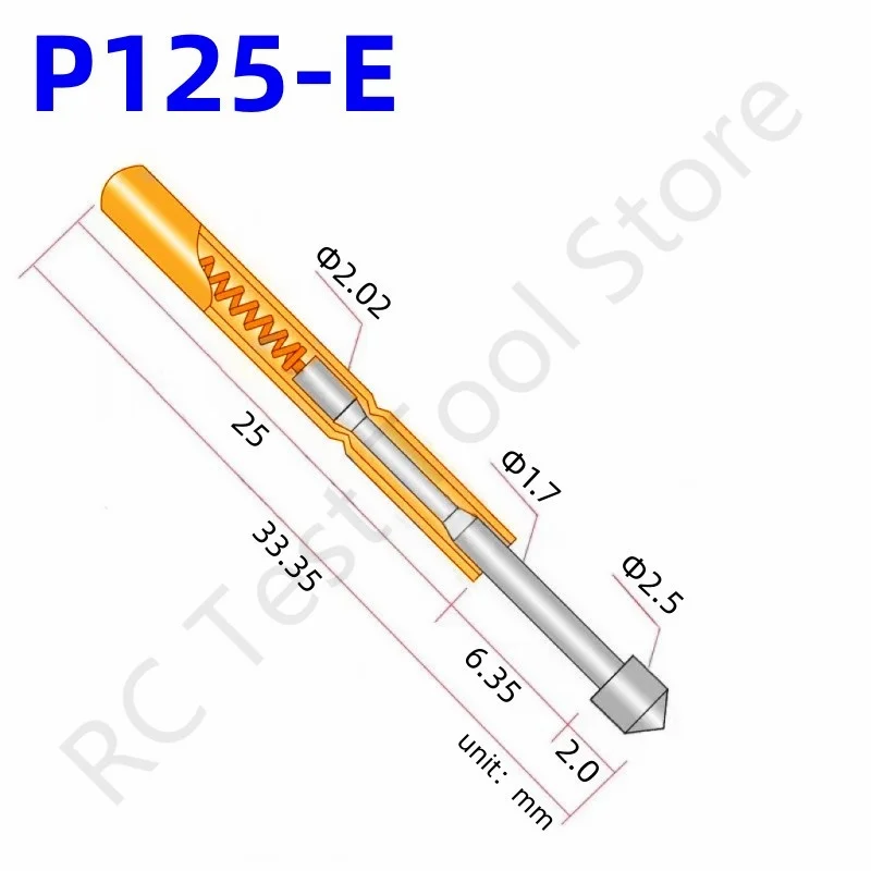 

100PCS P125-E Spring Test Probe Test Pin Pogo Pin Brass Metal Spring Test Tool Length 33.35mm Dia 2.02mm Head Dia 2.5mm PCB Test