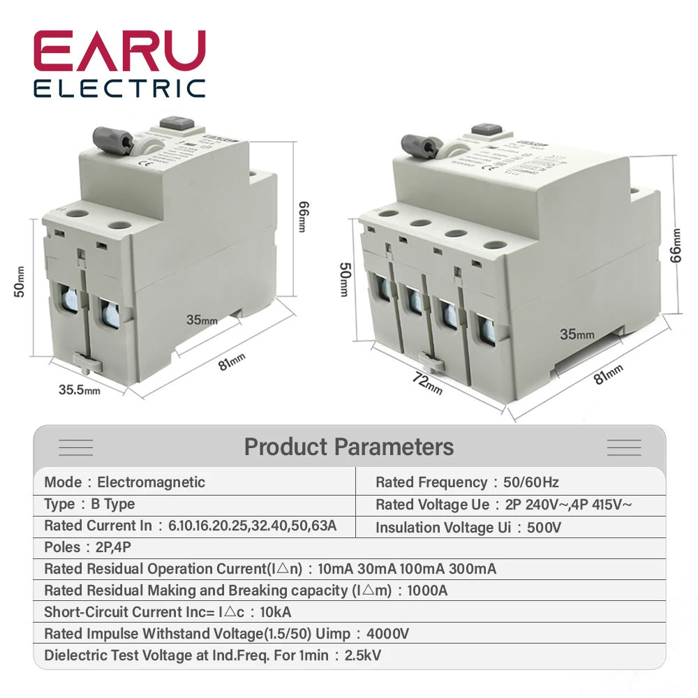 Pila de carga EV para vehículo eléctrico, interruptor de corriente Residual DC RCCB RCD tipo B 6KA, carril Din, fuga de tierra, 2P/4P 10/30/100/300mA