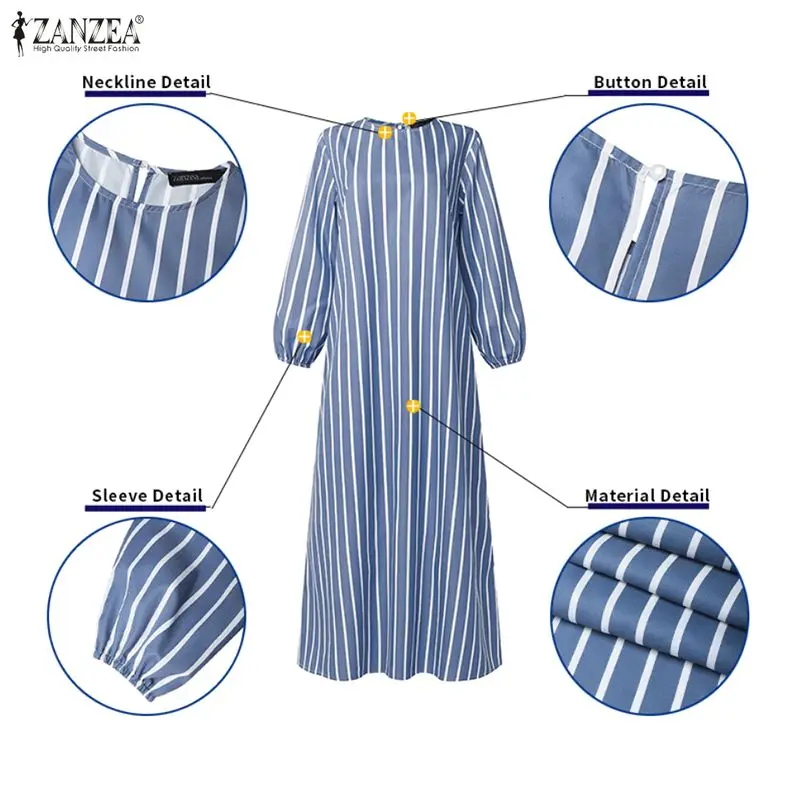 

ZANZEA 2026, весеннее полосатое платье, модное мусульманское платье Абая, женское повседневное платье с длинным рукавом в Рамадан, кафтан, Дубай, хиджаб, сарафан