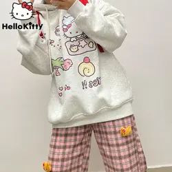 Sanrio Hello Kitty Aesthetic Plaid Loose Straight Trousers Cartoon Cute Hoodies Luxury Matching Set Women Y2k Kawaii Top Pants