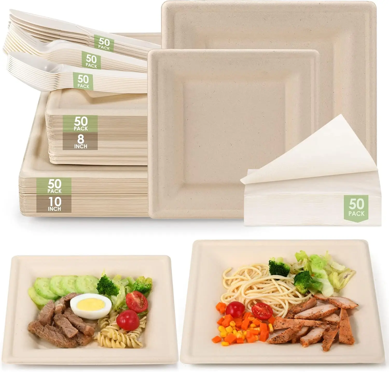 Compostable Party Paper Plates Set -[300 Pcs] 10 Inch&8 Inch Square Brown Paper Plates Heavy Duty, Utensils And Napkins - Eco