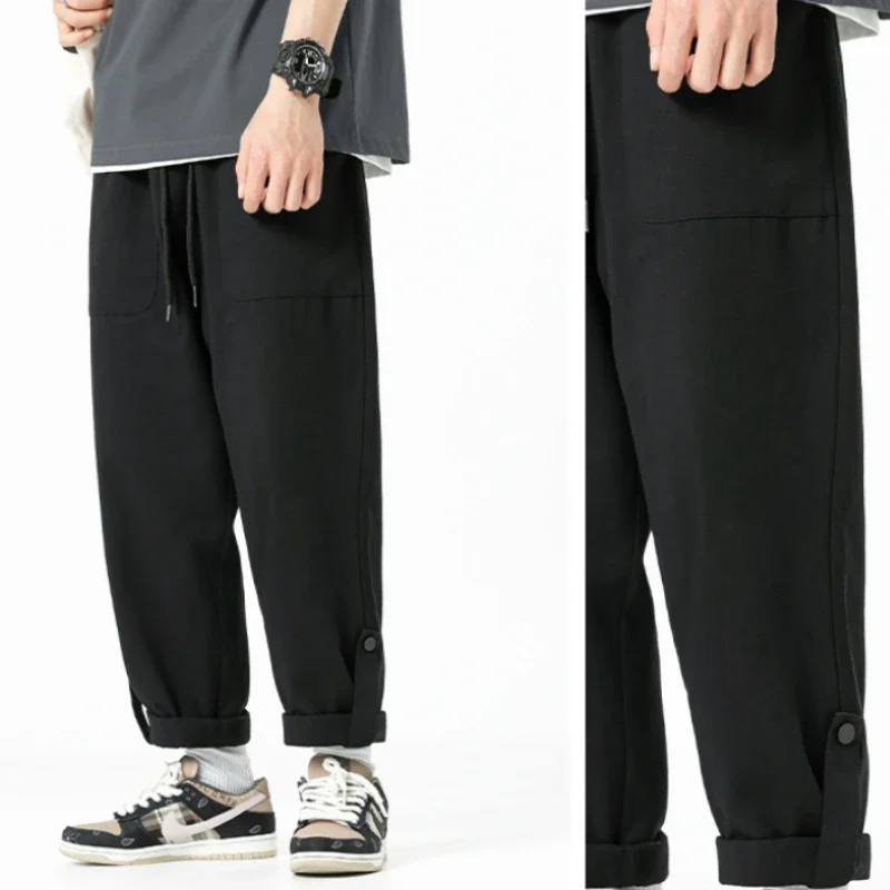 New Spring and Autumn Casual Sweatpants 100% Cotton Streetwear Japanese Foot Button Design Sense Loose Straight Cargo Pants Men