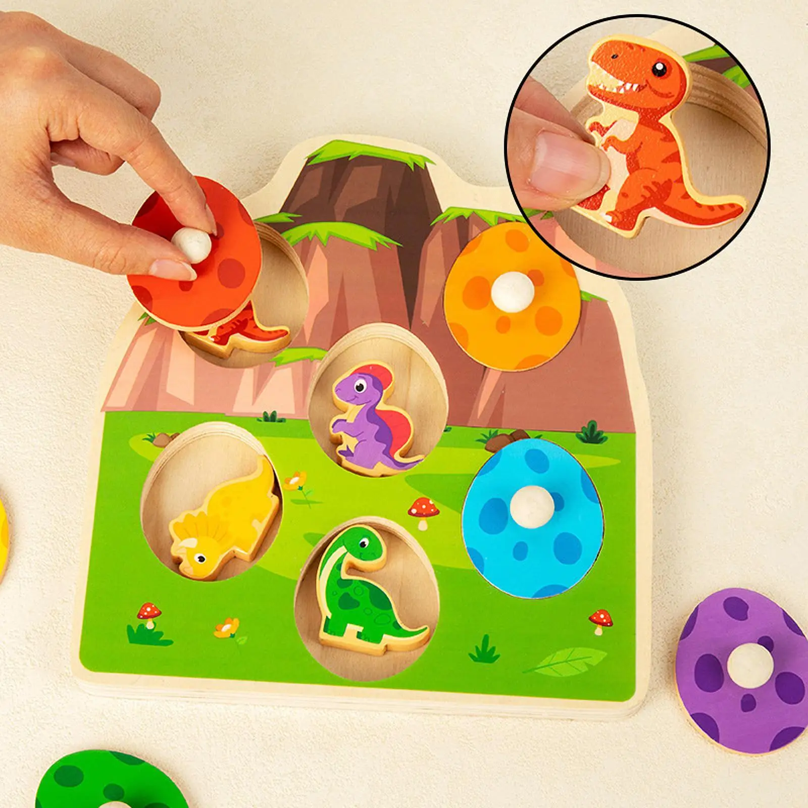 

Dinosaur Egg Matching Puzzle, Wooden Peg Game for Early Learning
