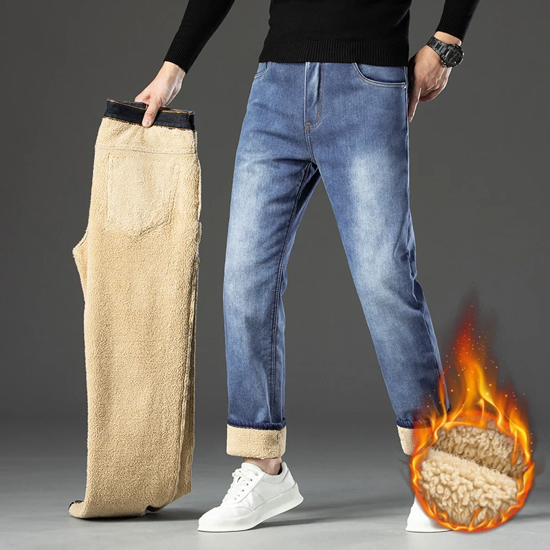 

Зимние джинсы, утепленные флисовые мужские теплые брюки, классические деловые прямые удобные эластичные повседневные плюшевые бархатные джинсовые брюки