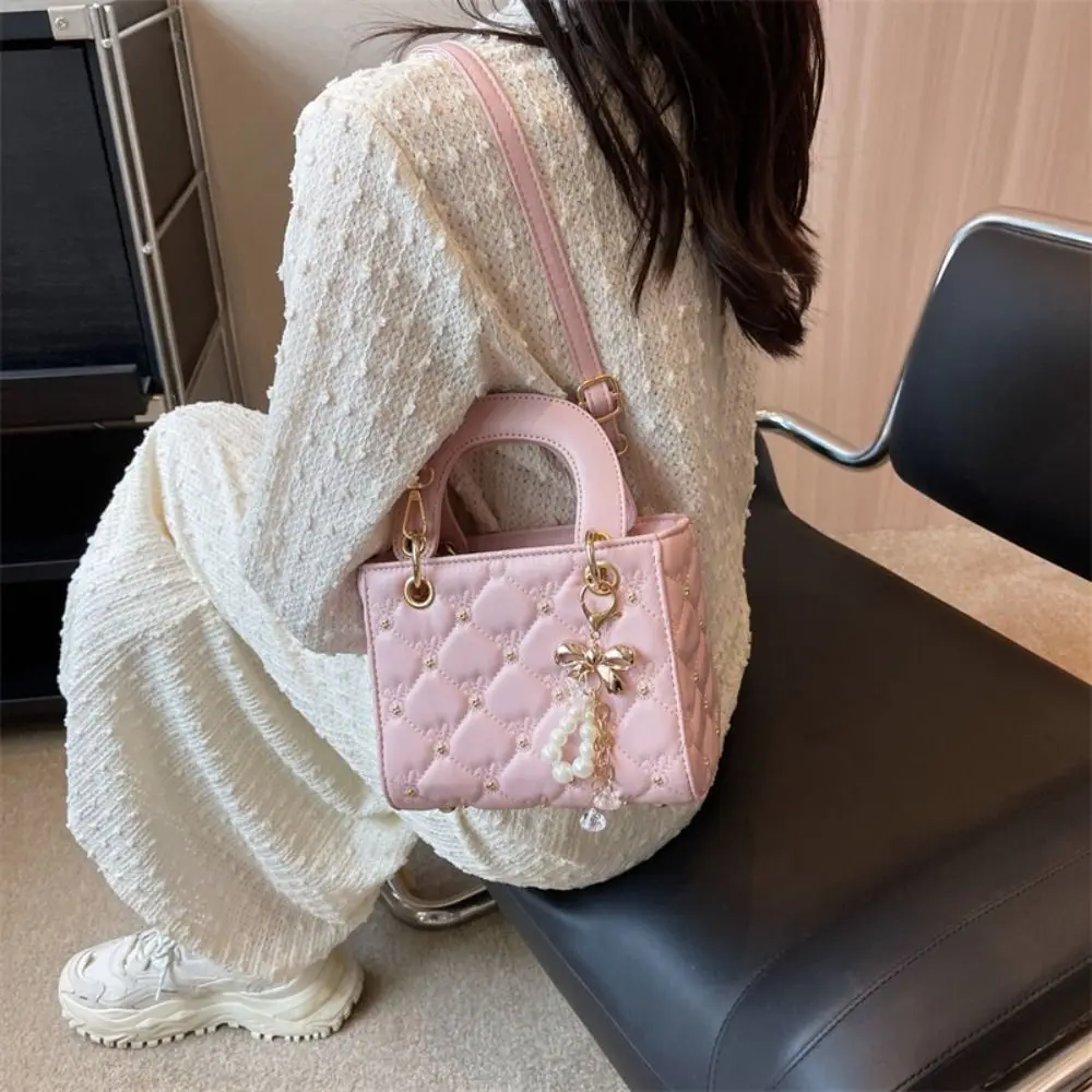 Fashion PU Shoulder Bag Argyle Pearl Tassel Crossbody Bag Simple Large Capacity Tote Bag Shopping Bags for Women Girls