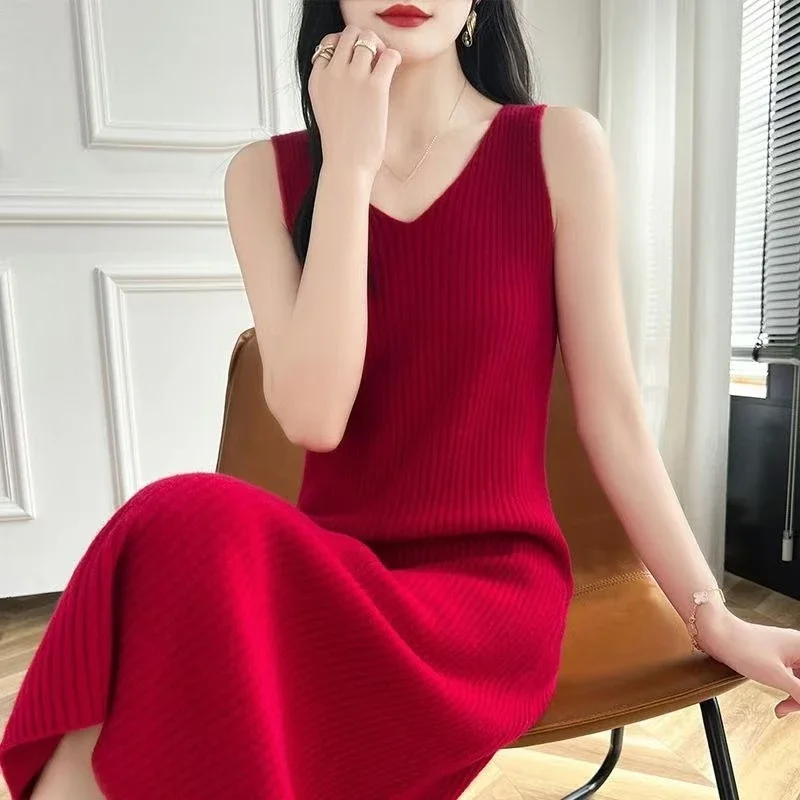 Abito lungo lavorato a maglia Solido scollo a V Primavera Autunno Nozioni di base Abiti semplici da donna Moda coreana Abiti senza maniche Mujer