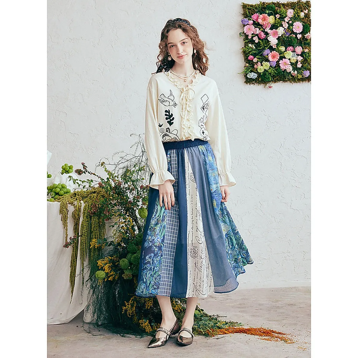 

Van Gogh-Inspired Romantic Mori Girl Print A-Line Midi Skirt