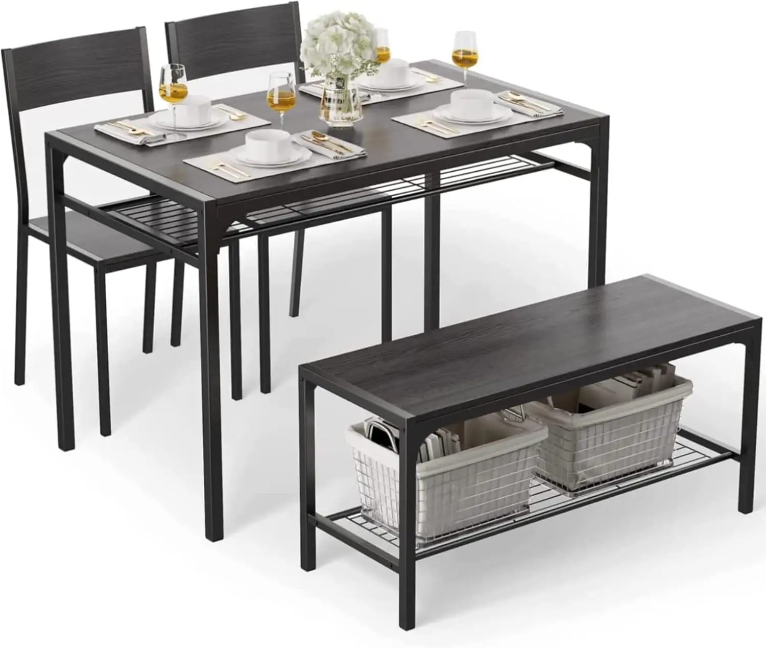 Kitchen Table and 2 Chairs for 4 with Bench, 4 Piece Dining Table Set for Small Space, Apartment