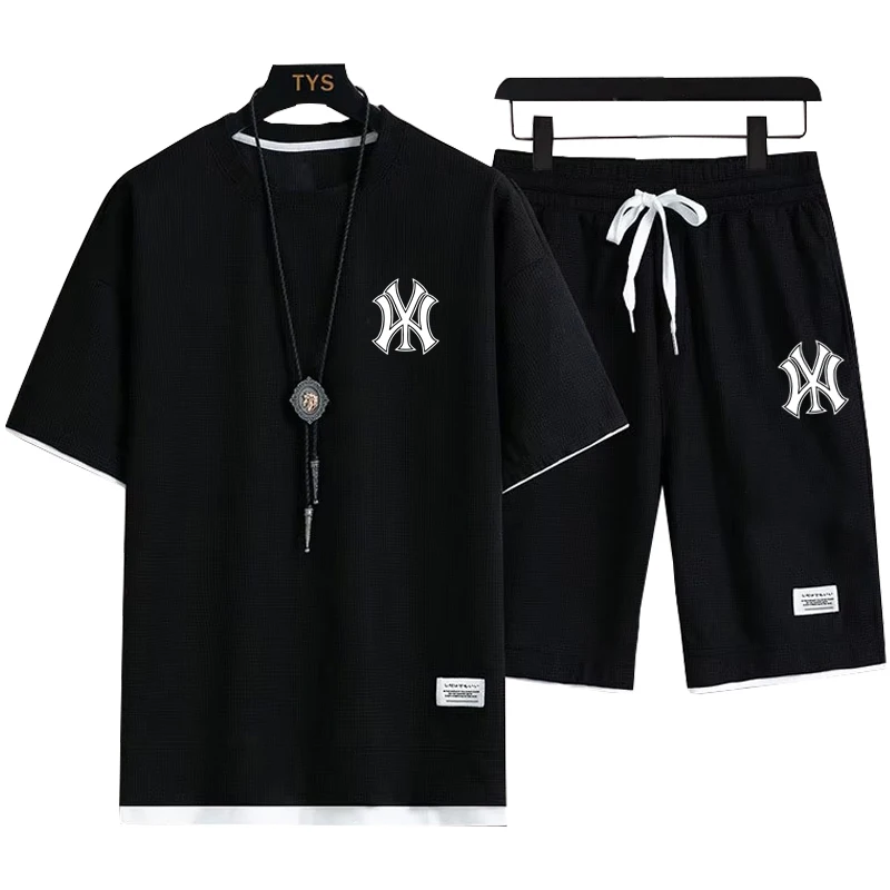 

New Summer Men's Casual Fashionable Daily Outdoor Jogging Short-Sleeve Breathable Quick-Dry T-Shirt + Shorts Sports Set