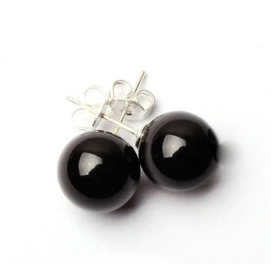 

Fashion jewelry 10mm Black Earrings Round Beads Stone Studs Onyx Fashion Jewelry Noble style Natural Fine jewe