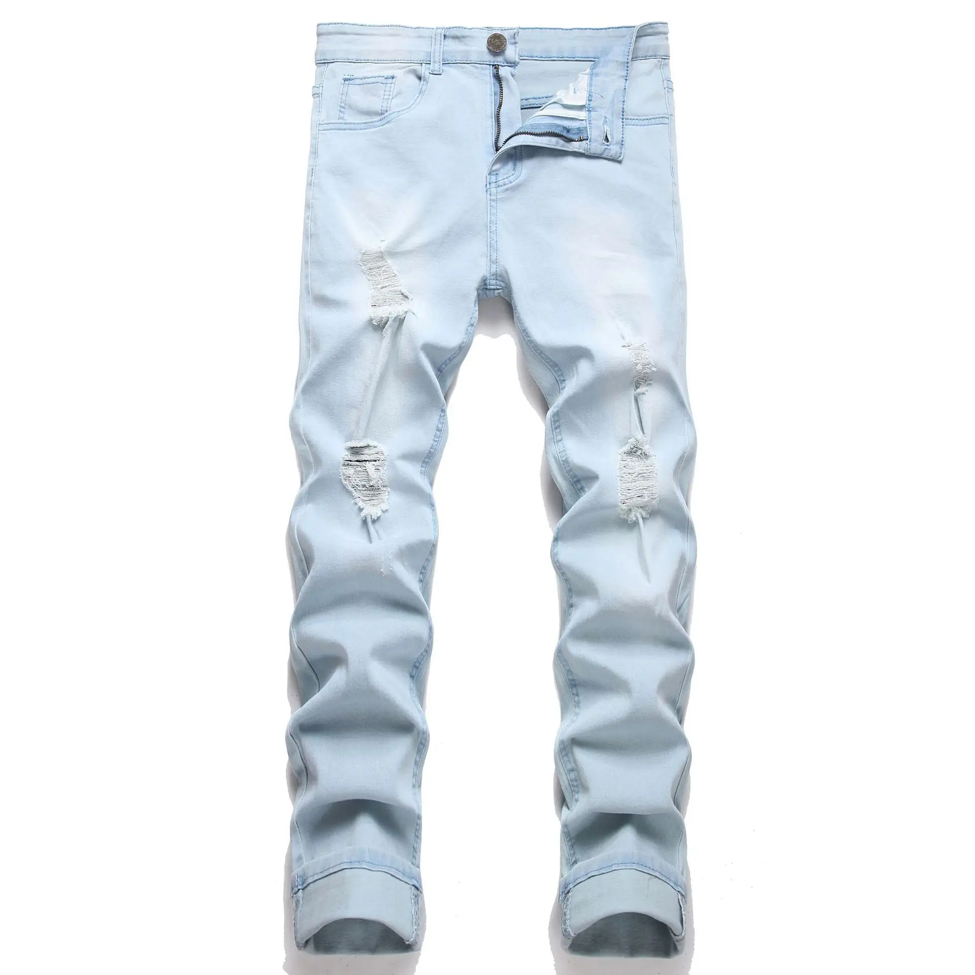 Calças jeans de lápis para homens, comprimento do tornozelo, jeans rasgado, cintura alta, estilo punk, monocromática, buraco, angustiado, lavado, mosca com zíper