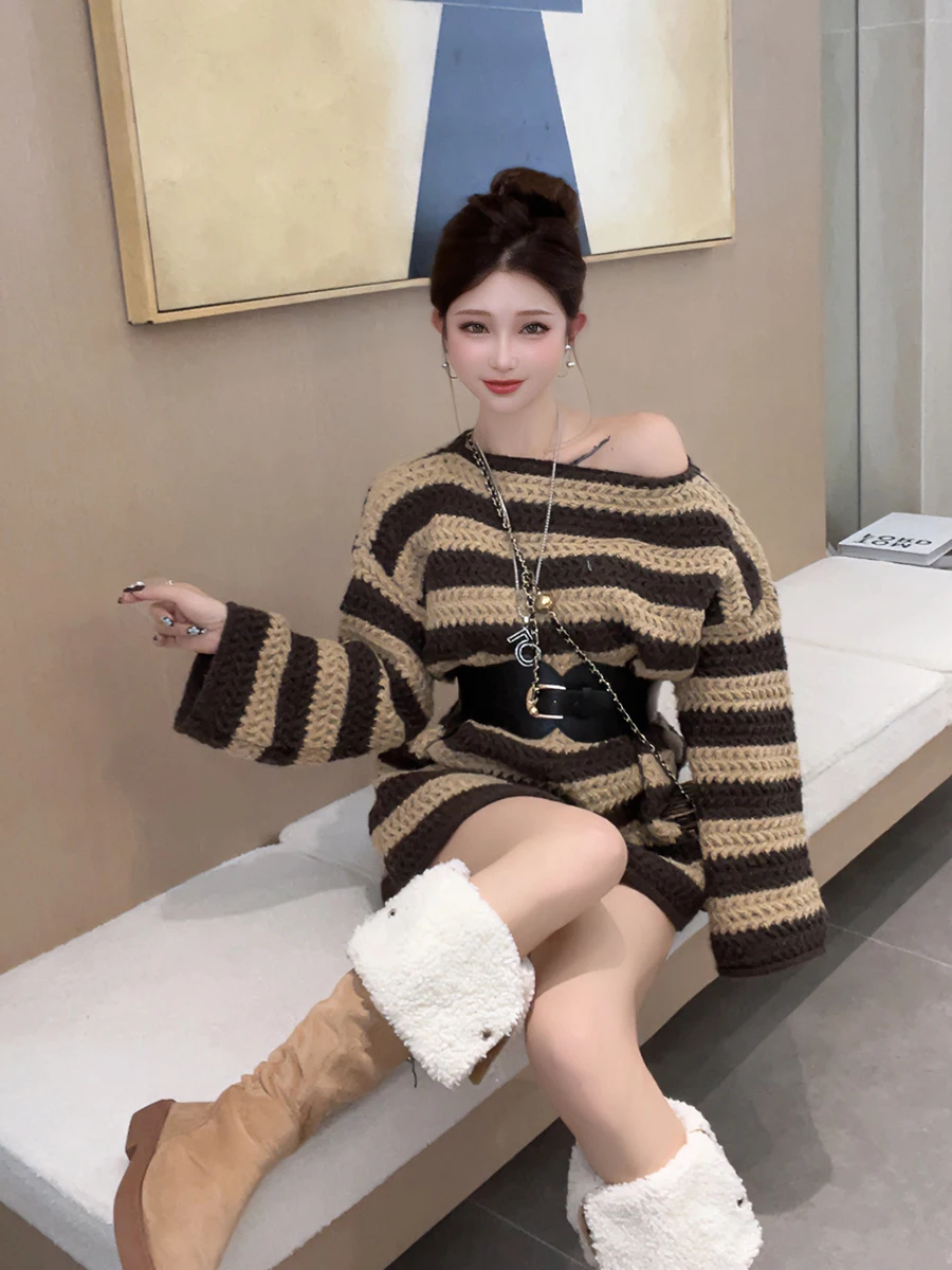 

Women's Mid-Length Striped Knitwear Sweater Autumn Winter New Sle Lazy Sle Butt Covering Overhead Long Sve round Ne