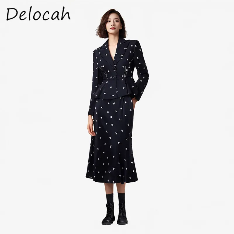 Delocah Fashion Design Women's Collar Deep Blue Customized Embroidered Long Sleeve Coat Fish Tail Half Skirt Temperament Set