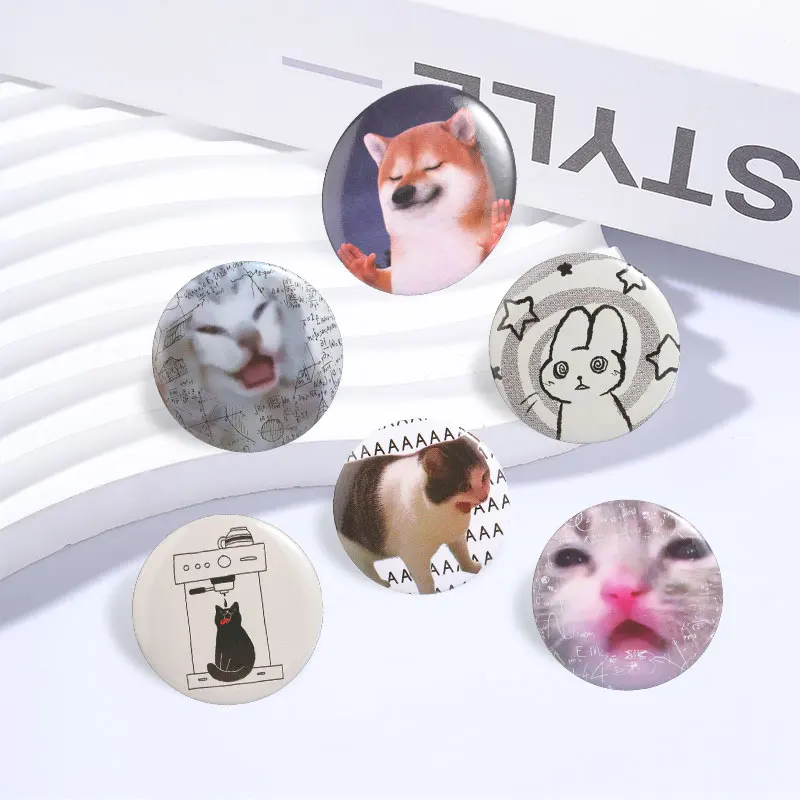 Cute Animal Meme Tinplate Soft Button Pins Cute Cartoon Coffee Cat Dizzy Rabbit Shiba Inu Shrug Metal Brooch Badge Jewelry Gifts