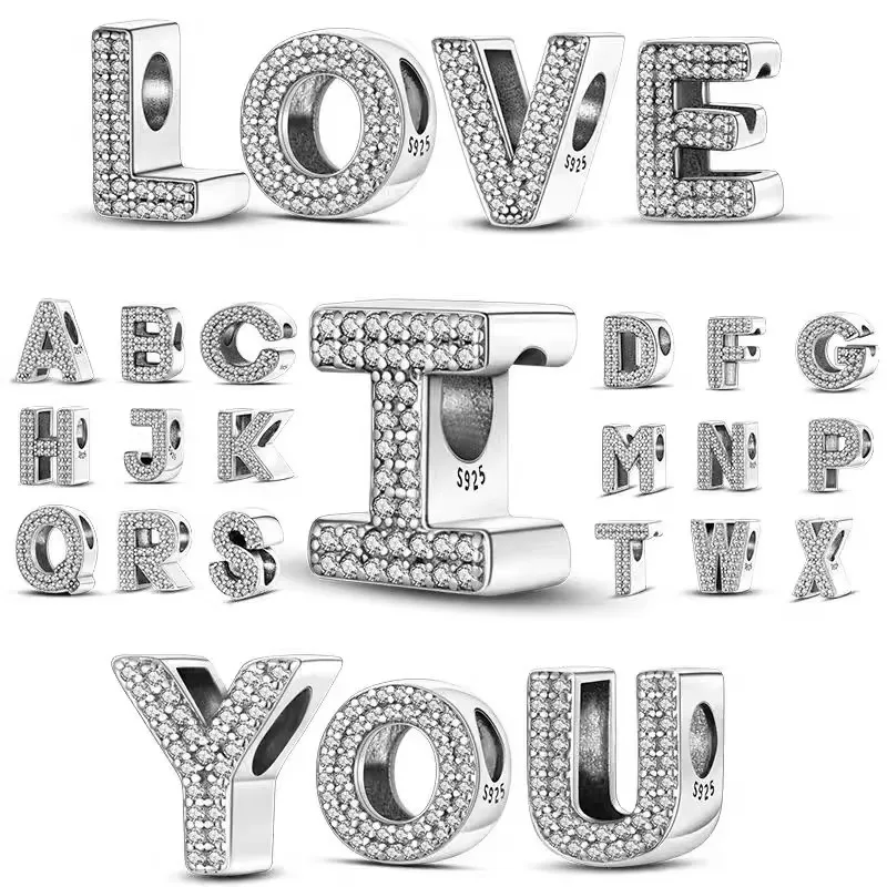 S925 silver Classic Letter Alphabet A-Z Silver 925 siiver Charm Beads For Original Charming Bracelet  Beads for Jewelry Making