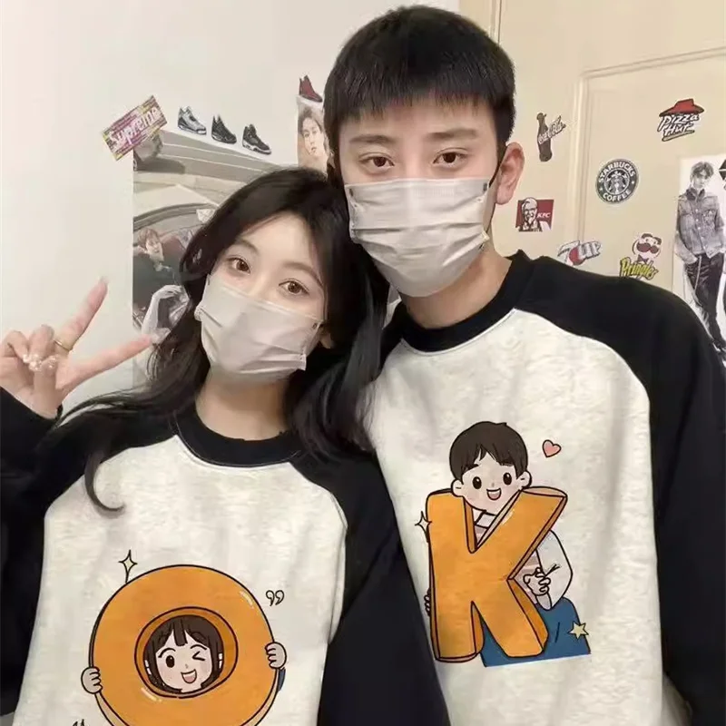 Lovely Chic Y2k Couple Sweatshirts Women Loose Cartoon Design Ulzzang Vintage Students Harajuku Panelled  O-neck Personality