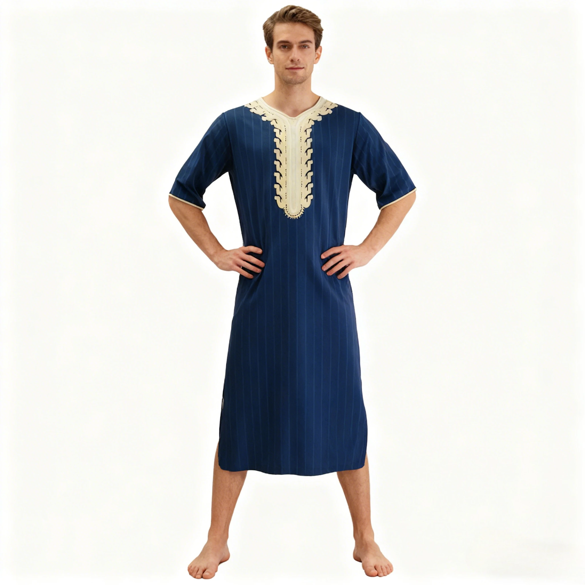 

Мужская летняя арабская рубашка-тобе 2026 года, свободного кроя, с V-образным вырезом, коротким рукавом, с принтом в стиле Ближнего Востока, мусульманская