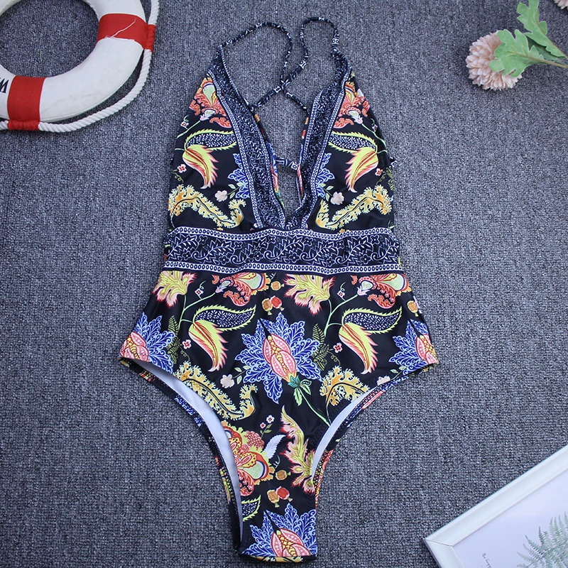 2024 Women Vintage Backless One Piece Swimwear Woman Sexy Swimsuit Deep V Summer Beachwear Print Slimming Bathing Suit Femme
