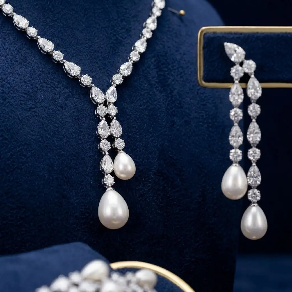 Bride Talk Luxury Teardrop Pearl Jewelry Set 4Pcs Elegant Baguette Zircon Linear Drop Earrings Bridal Wedding Accessories Women