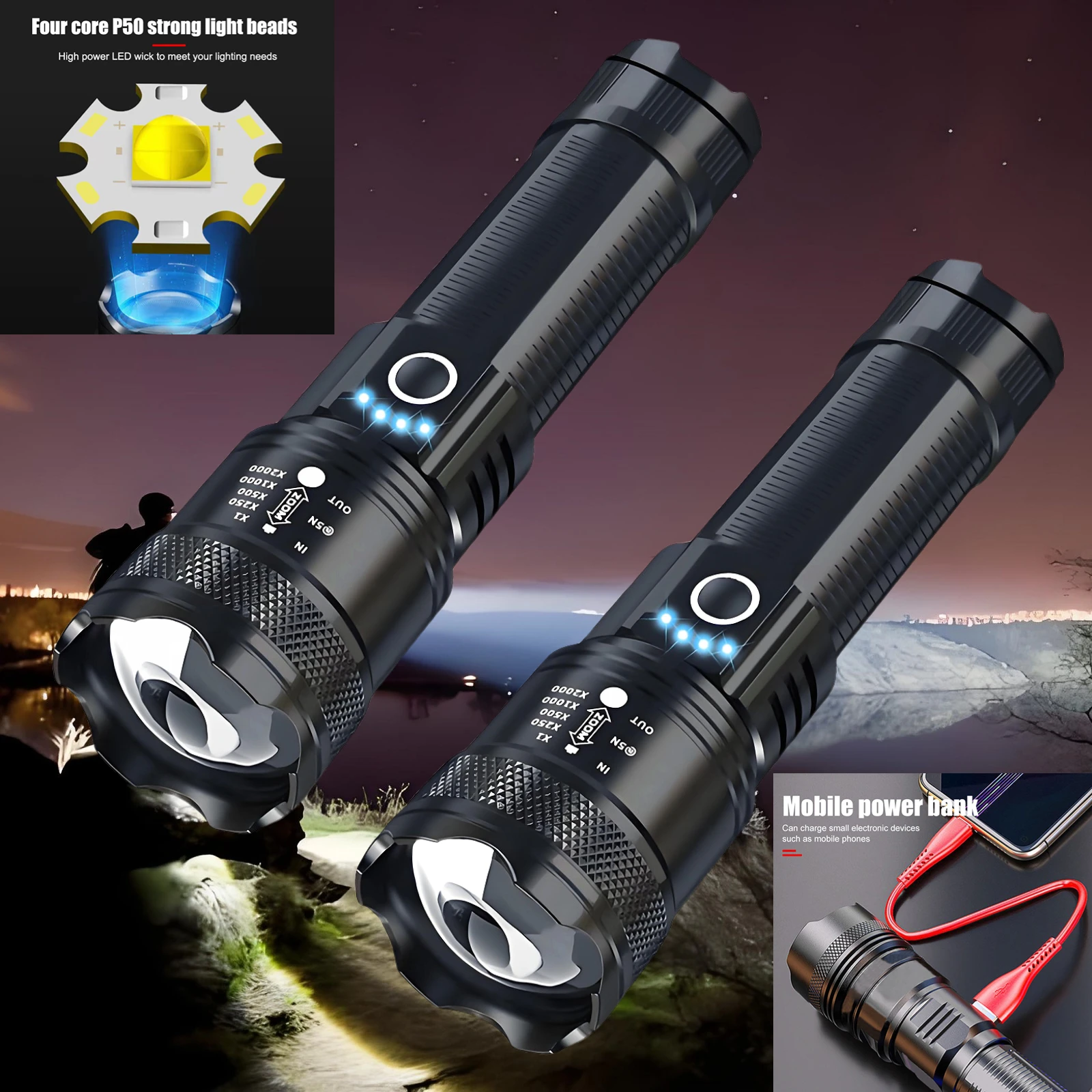 AODTOSIP 2PCS Flashlights Rechargeable Usb Adjustable Light Distance Rechargable Led Tactical Flashlight Strong Mini Flashlight