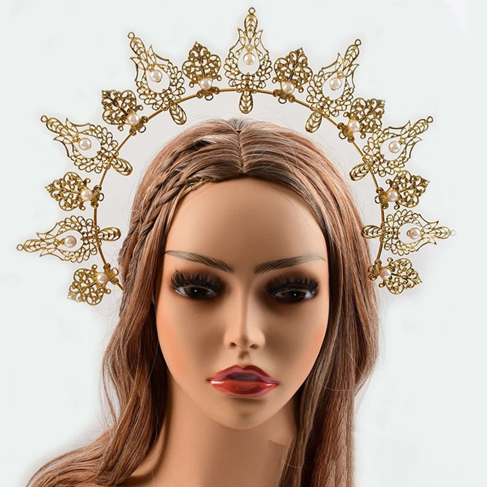 Moon Goddess Halo Crown Headband with Rhinestone, Metal Sunburst Costume Cosplay Masquerade Party Headpiece for Women