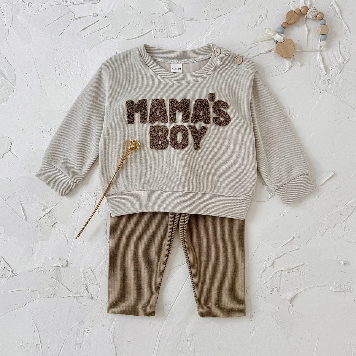 Spring Autumn Gift Option Mama's Boy Embroidery Set For Boys, Rib Knit Long Sleeve Top Versatile Corduroy Casual Pants