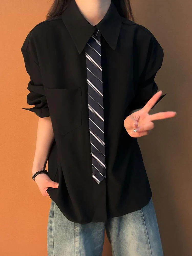 

Men's Long Sleeve Shirt with Fake Tie Patchwork Design Casual Style Spring Fashion Loose Fit Mid-Length Open Cardigan