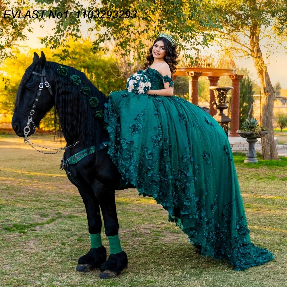 

EVLAST индивидуальное мексиканское зеленое платье Quinceanera с открытыми плечами и цветочной кружевной аппликацией, расшитое бисером, Sweet 16, Vestidos De 15 Anos E1QN494