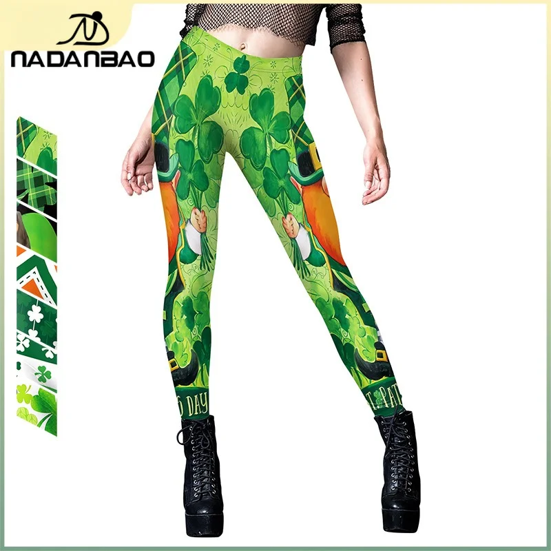 Nadanbao St Patrick's Day Women Shamrocks Pattern Leggings Green Hat Dog Print Trousers Summer Thin Comfortable Pants Gym Tights