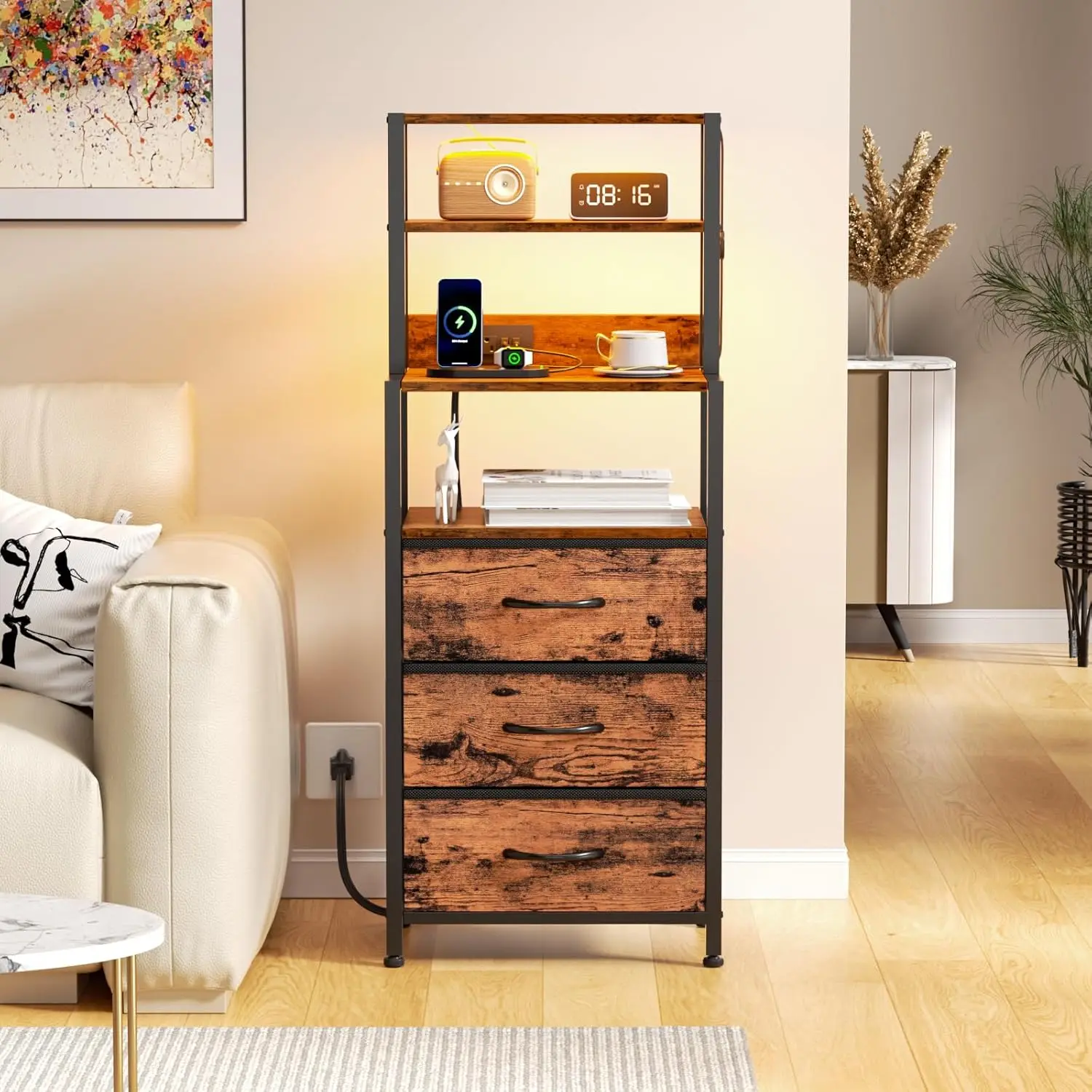 

Tall Nightstand with 4-Tier Shelves, 3 Fabric Drawers, LED Charging Bedside Table – Rustic Brown